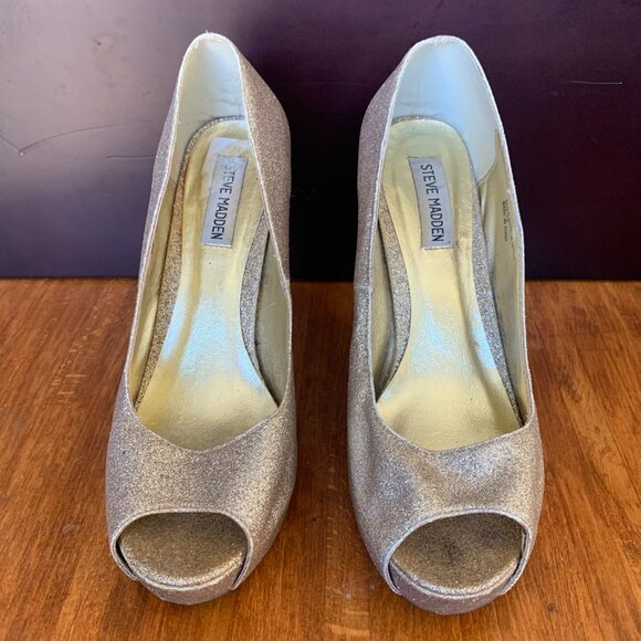Steve Madden Gold Glitter Sparkly Peep Toe Heels - Picture 3 of 9